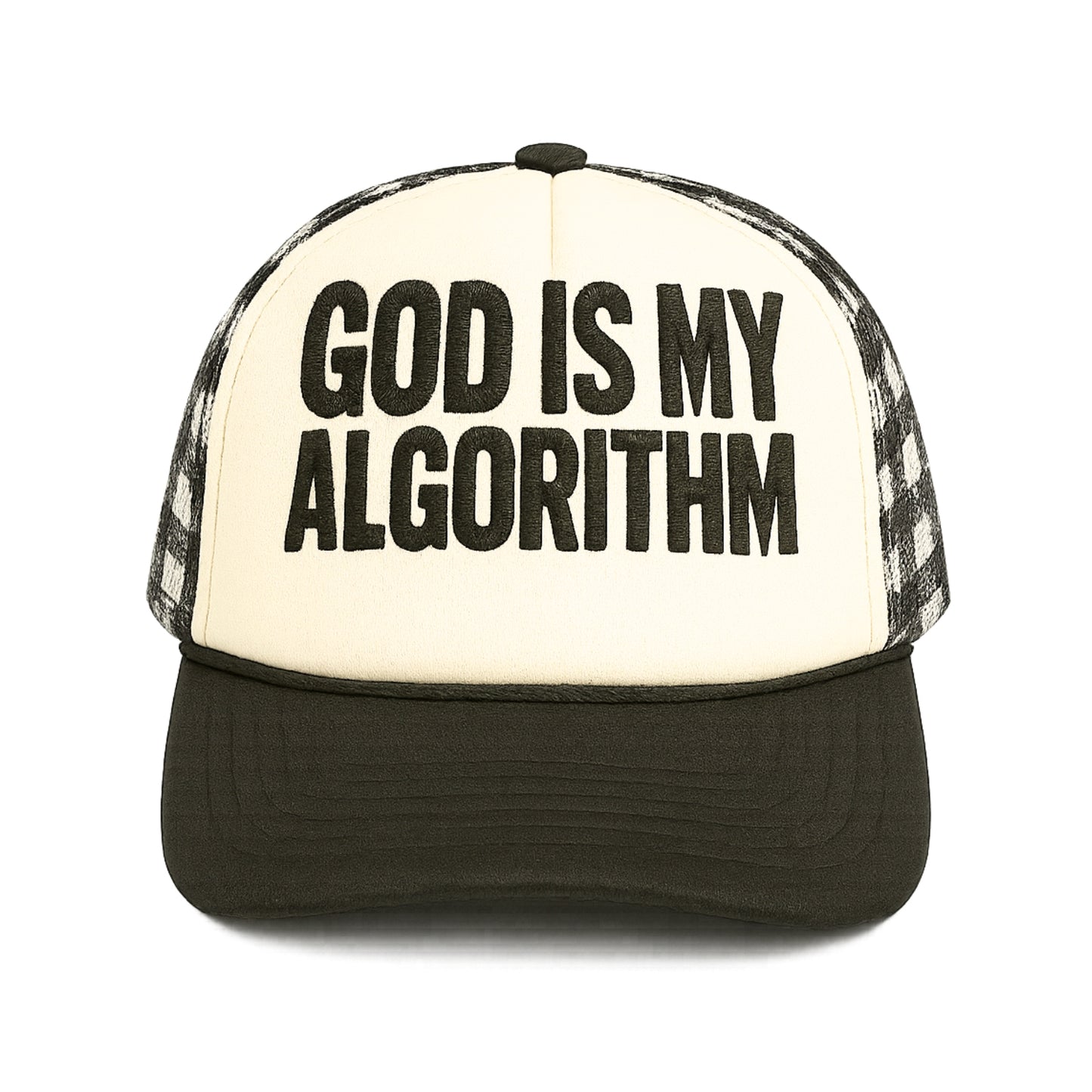 God Is My Algorithm® BOLD Trucker B&W Checkered Mesh Snapback (Embroidered)