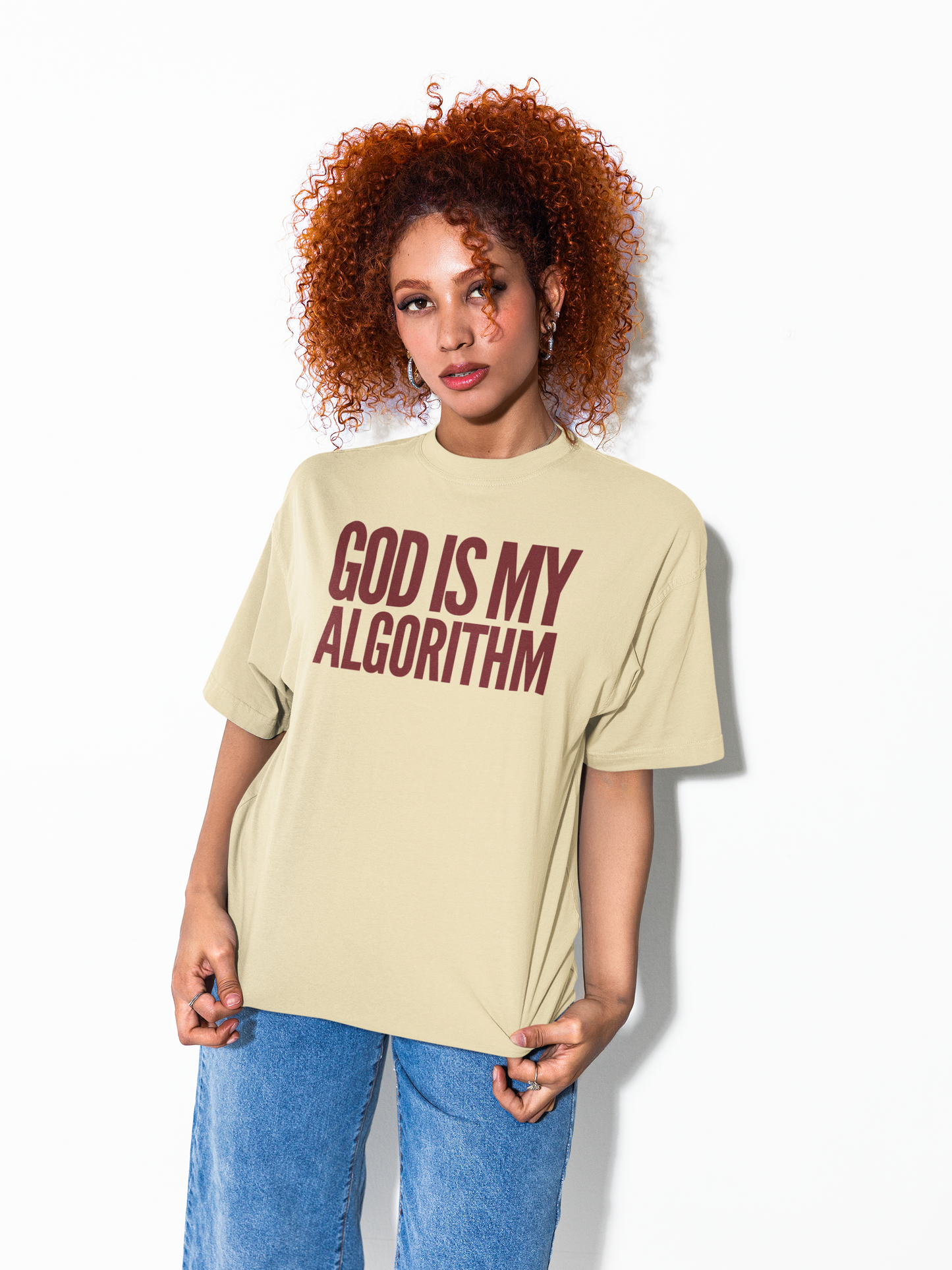 CWGC Custom Personalizable Scripture God Is My Algorithm® Burgundy Unisex Organic High Neck T-Shirt